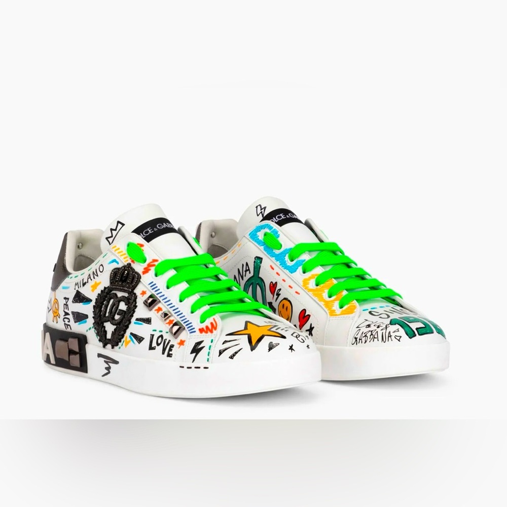 Dolce&Gabbana Men’s Calfskin Portofino sneakers with embroidery and studs
